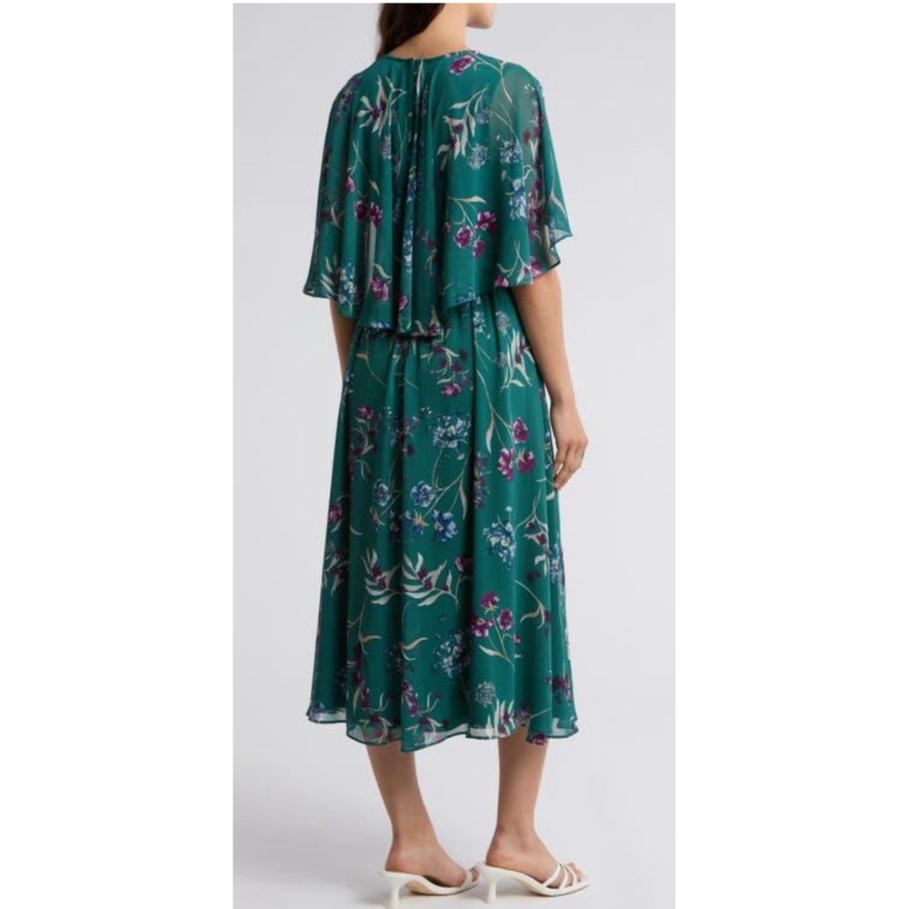 Calvin Klein Teal Floral Chiffon Capelet Midi Dress Size 6 Flutter Sleeve